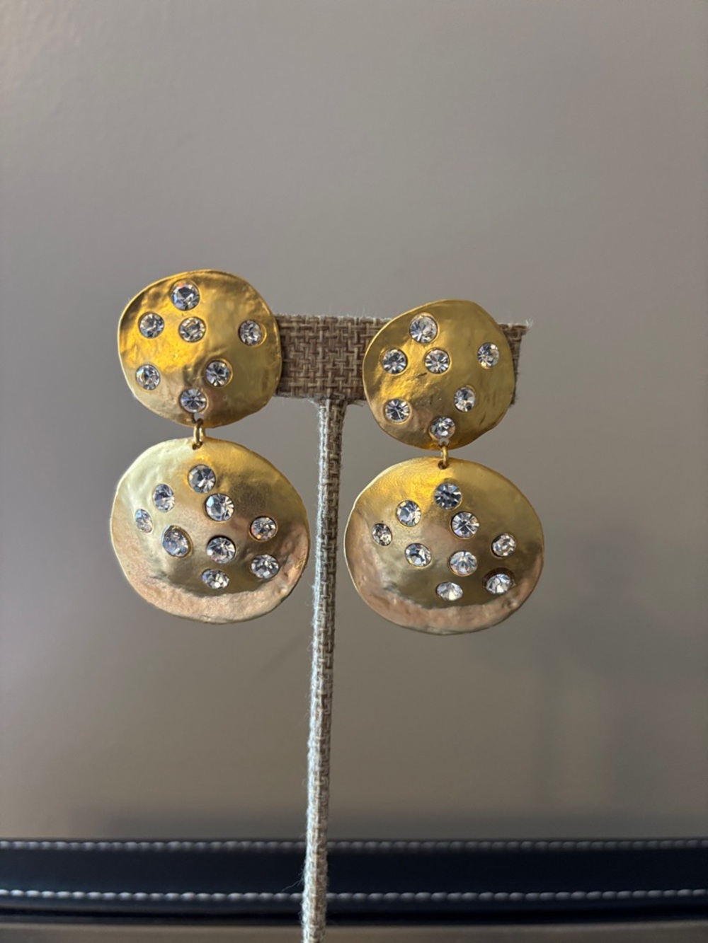 90’s Vintage Disc Drop Clip-Earrings w/ Clear Crystals -Women’s Fashion Jewelry